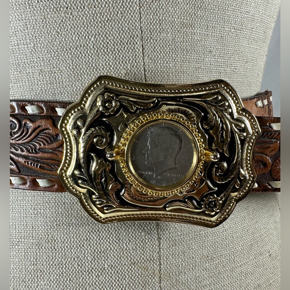 Vintage Kennedy half dollar buckle tan Wrangler leather belt tooled size 36 - Picture 9 of 13